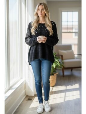 Kozan medium open knit sweater black scoop neck drop sleeves classic layering